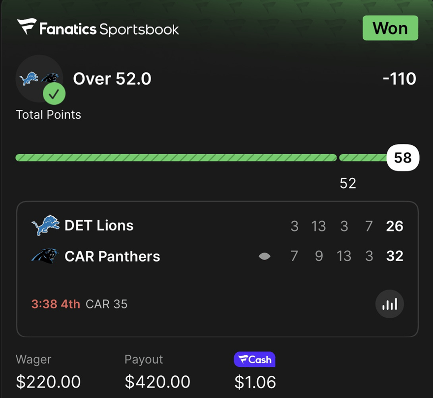 Detroit-Carolina over 52 winning bet slip
